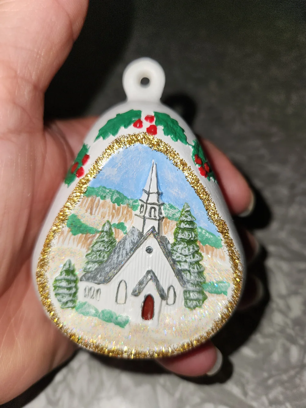 White Bell Ornament with Holly and Winter Chapel Scene